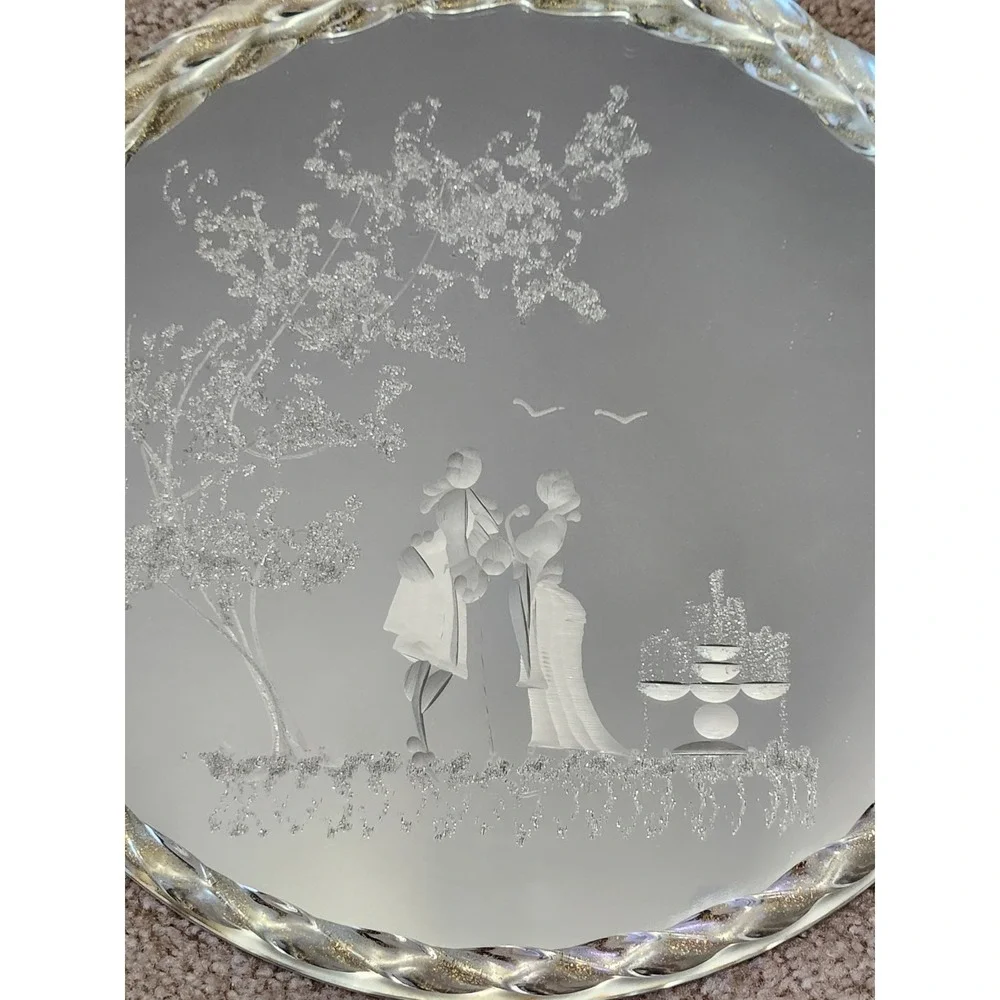 Italian Murano Venetian Etched Glass Mirror Gold Fleck Twist Rope Vanity Tray